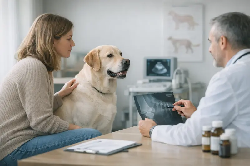 Ein Hund beim Tierarzt, der untersucht wird, passend zur Tarifwahl in der Tierkrankenversicherung.