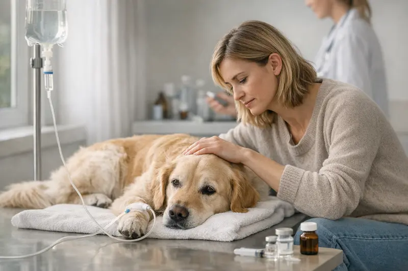 Tierarztberatung zur Hundekrankenversicherung Tierarzt untersucht Hund und bespricht mögliche medizinische Behandlungen wie Medikamente und Infusionen.