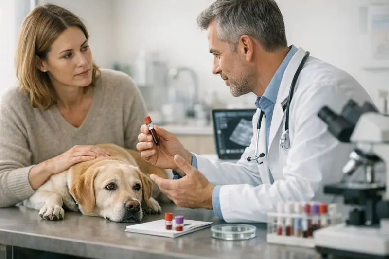 Tierarzt untersucht einen Hund auf Magen-Darm-Beschwerden und erklärt die mögliche Diagnostik.