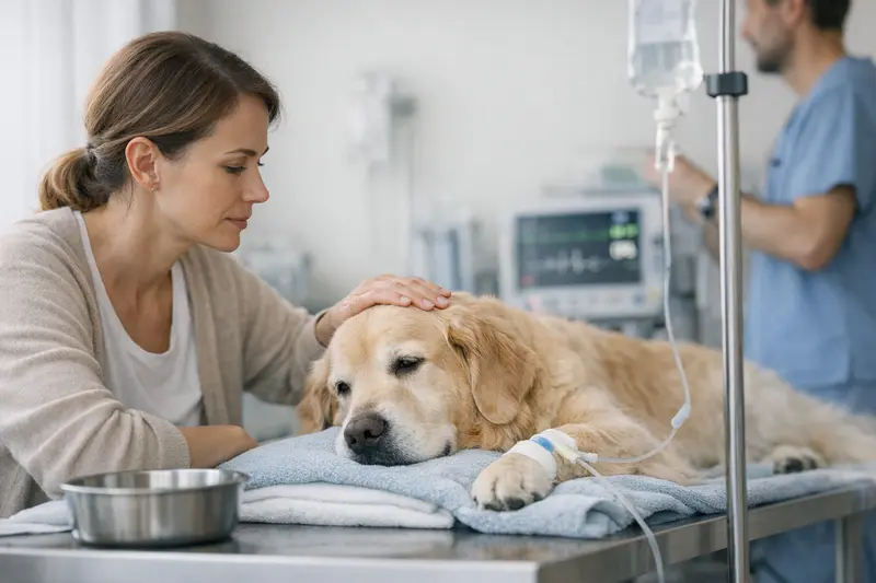 Hund in Tierarztpraxis während Behandlung Ein Hund liegt in einer Tierarztpraxis auf einem Untersuchungstisch während einer Behandlung.