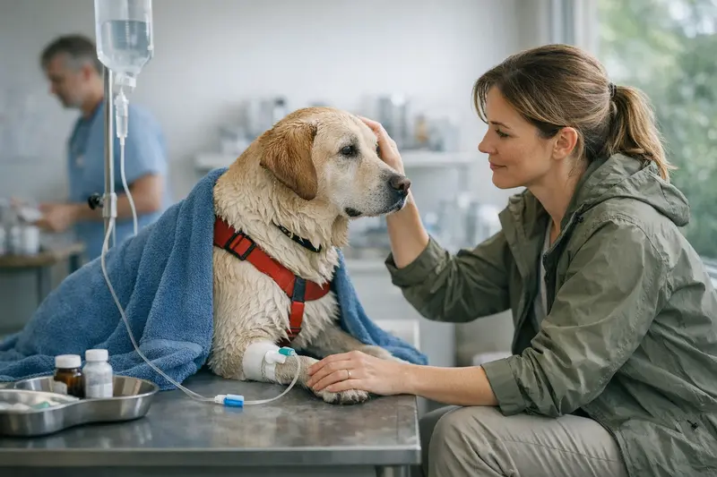 Hund beim Spielen am Wasser mit dem Halter, der auf die Gesundheitsrisiken achtet.