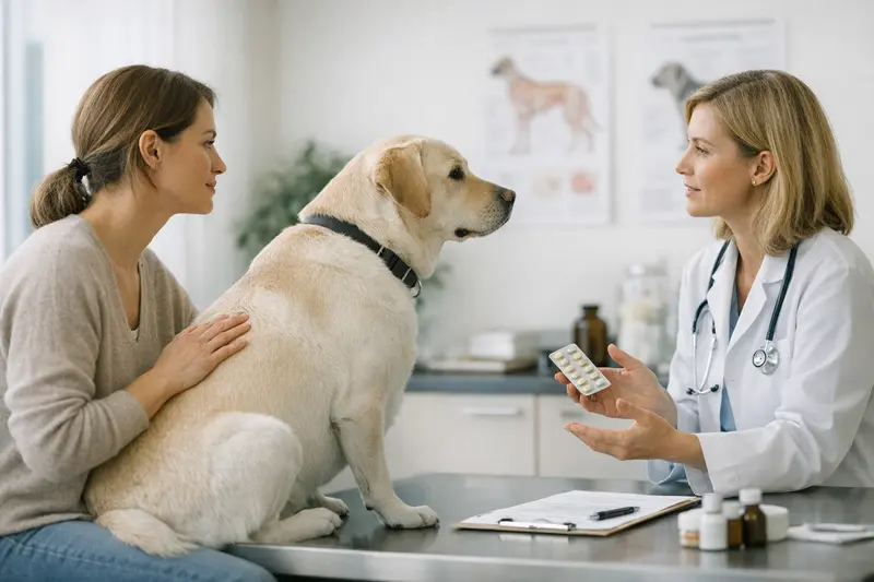 Eine glückliche Hundebesitzerin bespricht mit einem Tierarzt die Vorsorgeleistungen ihrer Tierversicherung.