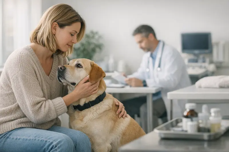 Tierarztkosten und OP-Schutz für Hunde Hund beim Tierarzt, der über OP-Schutz und Tierarztkosten informiert wird.
