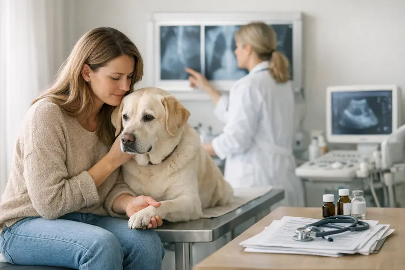 Ein glücklicher Hund beim Tierarzt für Nachsorgeuntersuchungen, um versteckte Kosten zu vermeiden.