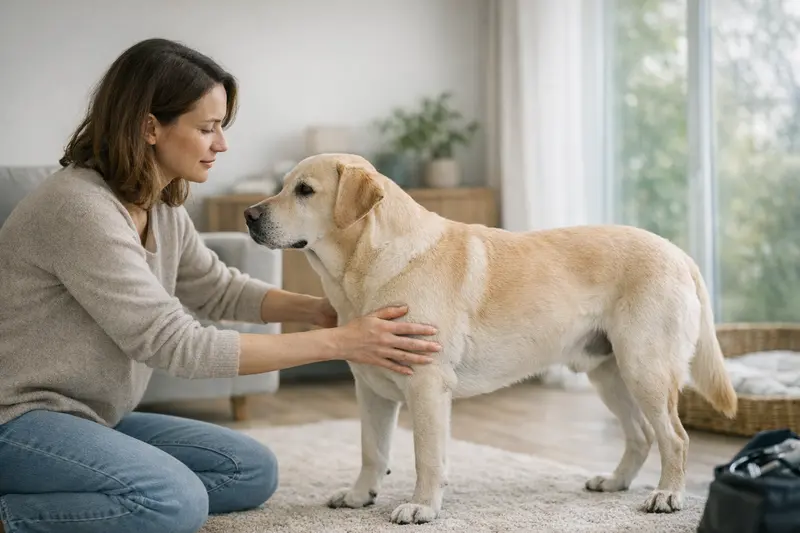 Ein Hund wird von seinem Besitzer gewogen, um den BCS zu prüfen.