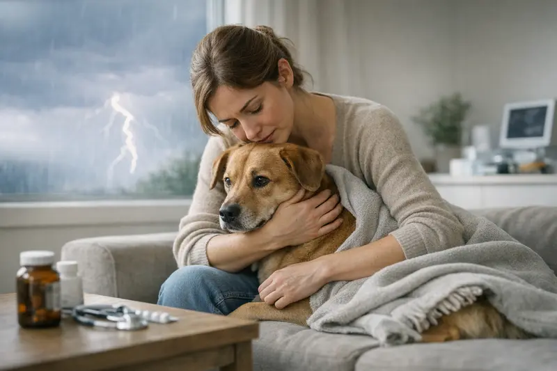 Hund mit Gewitterangst und Gesundheitsrisiken Hund zeigt Angst während eines Gewitters und benötigt medizinische Hilfe.