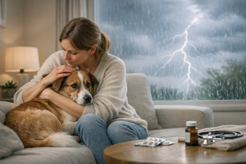 Hund während Gewitter zeigt Stressreaktionen Ein Hund, der während eines Gewitters ängstlich wirkt, symbolisiert die Herausforderungen von Angst und Stress bei Tieren.