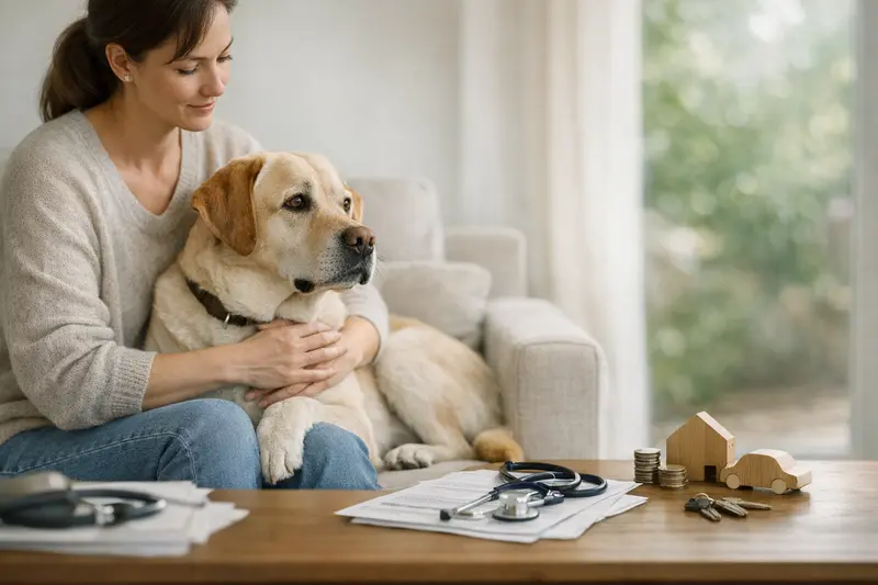 Hund Kranken- und Haftpflichtversicherung Beratung Hund mit einem Tierarzt, der eine Beratung zur Kranken- und Haftpflichtversicherung gibt.