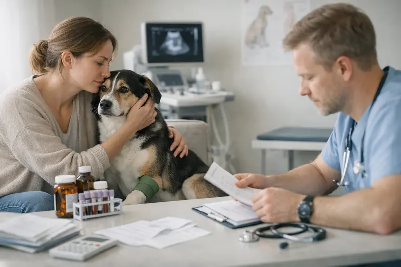 Wichtige Tarifdetails für Hundeverischerungen Hundehalter zeigt Sorge um die Gesundheit seines Hundes bei einem Tierarztbesuch