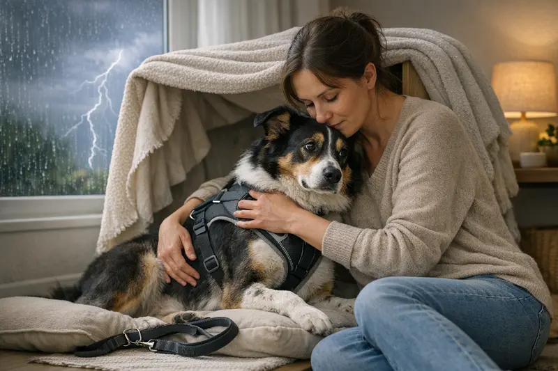 Hund im sicheren Rückzugsort bei Gewitter Ein Hund sitzt entspannt in einem sicheren Rückzugsort während eines Gewitters.