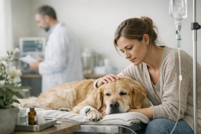 Hund beim Tierarzt nach Pflanzenvergiftung Ein Hund besucht den Tierarzt zur Behandlung nach Kontakt mit einer giftigen Pflanze.