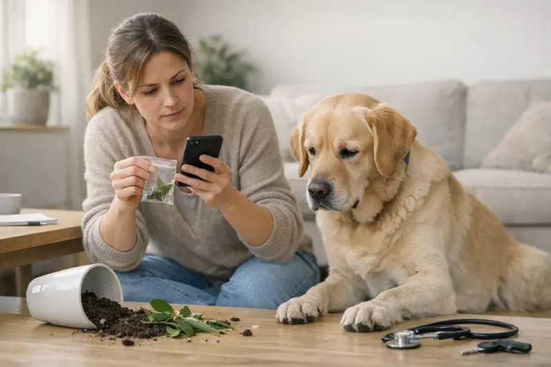 Vorsichtsmaßnahmen bei giftigen Pflanzen für Hunde Ein Hund, der vor einer giftigen Pflanze steht, symbolisiert die Vorsichtsmaßnahmen bei Verdachtsfällen.