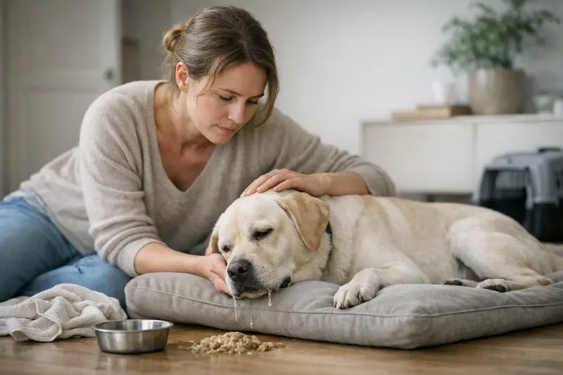 Symptome einer Hundevergiftung Ein Hund zeigt Symptome einer Vergiftung, wie Erbrechen und Unruhe.