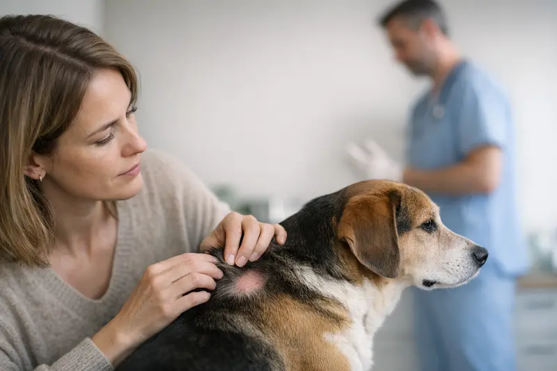 Kahle Stellen beim Hund erkennen Ein Hund mit kahlen Stellen im Fell, der auf einer Wiese sitzt und eine besorgte Haltung zeigt.