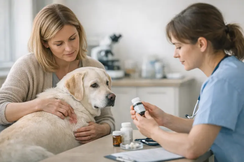 Hund beim Tierarzt für Hautdiagnostik Hund beim Tierarzt, um Hautprobleme und notwendige Medikamente zu besprechen.
