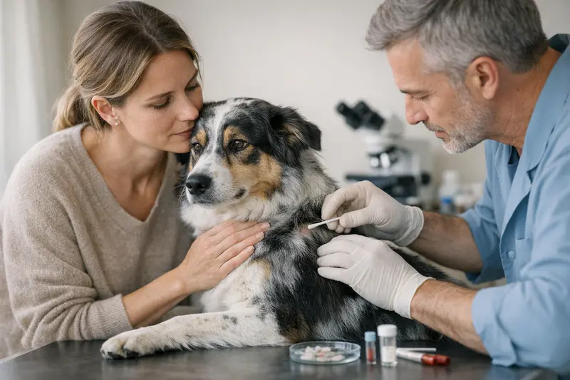 Tierarztuntersuchung bei Hundehariauf Ein Tierarzt untersucht das Fell eines Hundes auf Anzeichen von Haarausfall.