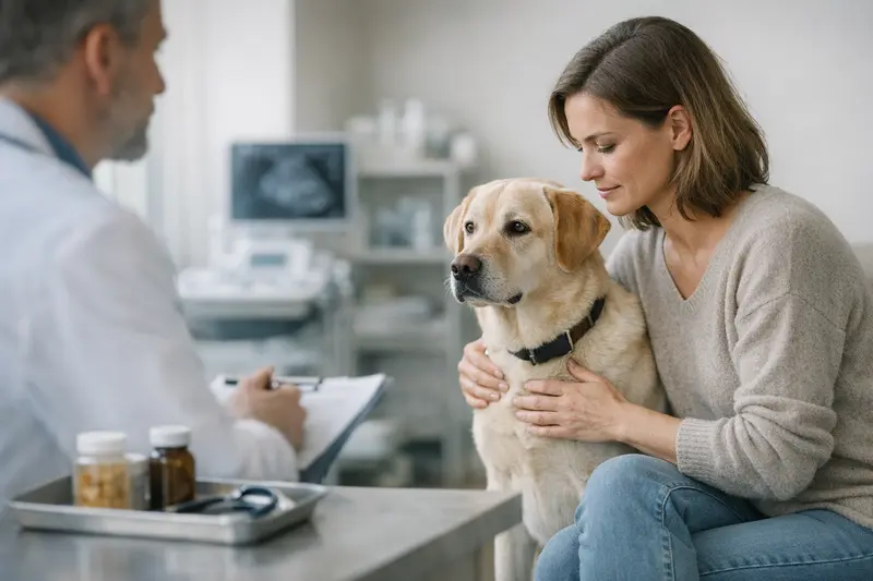 Vorsorgeuntersuchung für Hunde Gesunde Hunde während einer Vorsorgeuntersuchung beim Tierarzt, um wiederkehrende Probleme zu vermeiden.