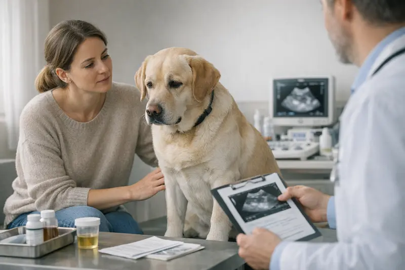 Hund beim Tierarzt zur Untersuchung Ein Hund beim Tierarzt, der auf gesundheitliche Probleme untersucht wird.