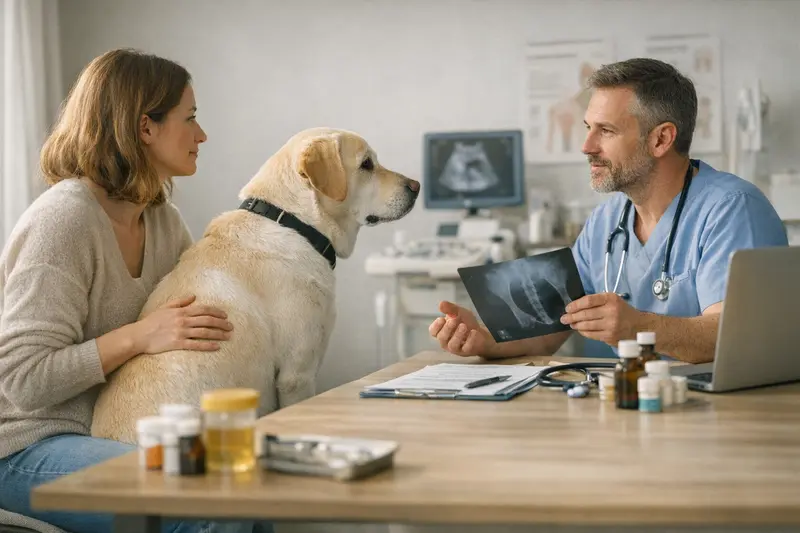 Ein Hund beim Tierarzt, der eine Untersuchung für eine Versicherungsanfrage benötigt.