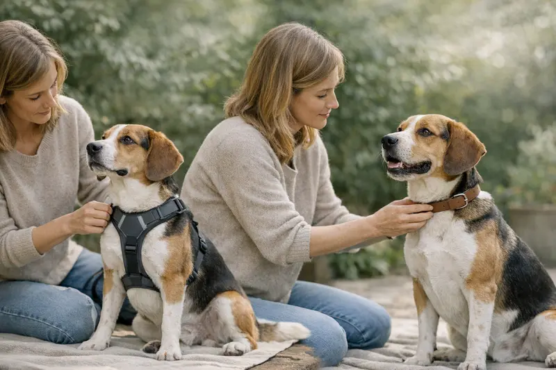 Hund im Geschirr bei Spaziergang Ein Hund trägt ein Geschirr und wird von seinem Halter an der Leine geführt.
