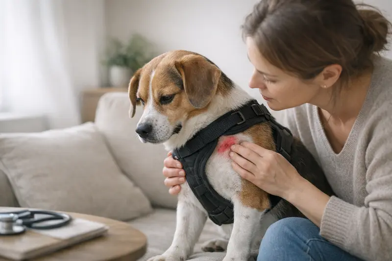 Unpassendes Hundegeschirr führt zu Beschwerden Ein Hund mit einem nicht passenden Geschirr zeigt Anzeichen von Unbehagen und Rötungen.