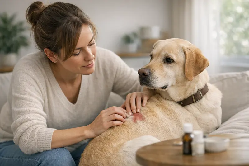 Hautprobleme bei Hunden und ihre Ursachen Ein Hund mit Hautproblemen untersucht von einem Tierarzt.