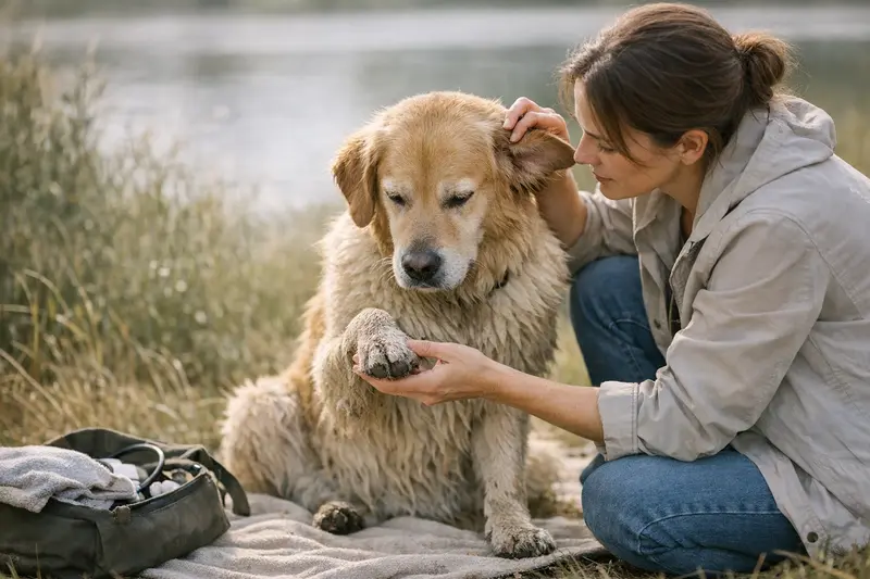 Nahaufnahme der Ohren und Pfoten eines Hundes, die Anzeichen von Reizung zeigen.