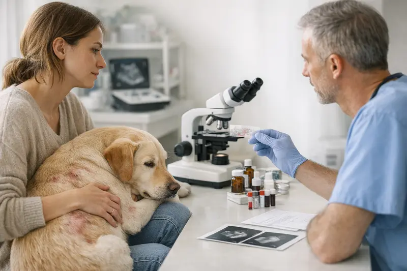 Tierarztkosten für Hundegesundheit Hund bei einer tierärztlichen Untersuchung zur Kostenklärung von Tierarztleistungen.