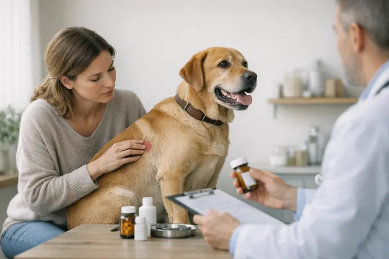 Ein Haustierarzt untersucht einen Hund mit Hautproblemen zur Versicherungskompetenz.