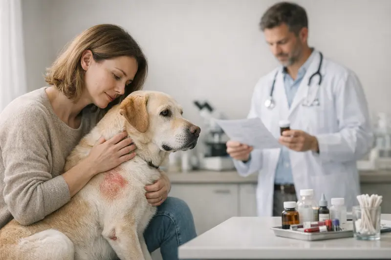 Hund beim Tierarzt, der aufgrund von Hauterkrankungen behandelt wird.