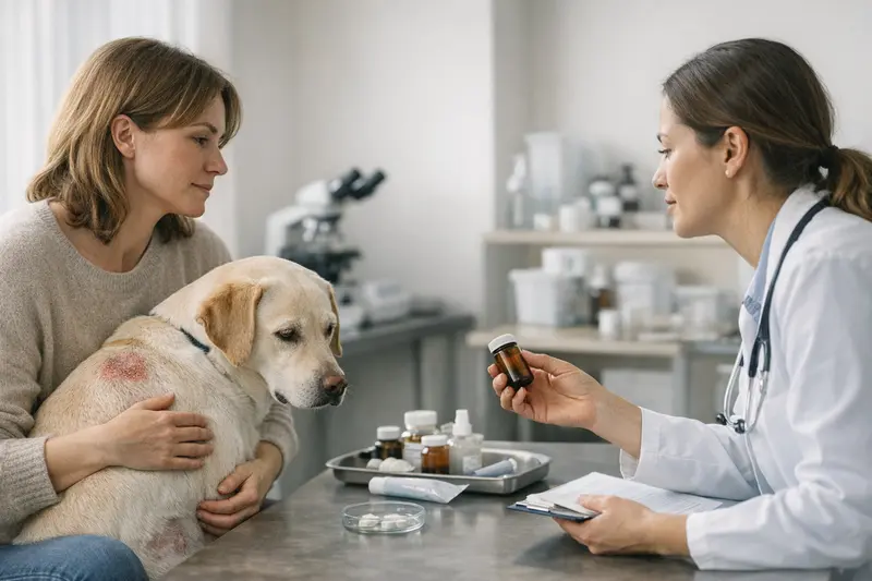 Hund beim Tierarzt zur Hautuntersuchung Ein Hund beim Tierarzt zur Untersuchung von Hautproblemen