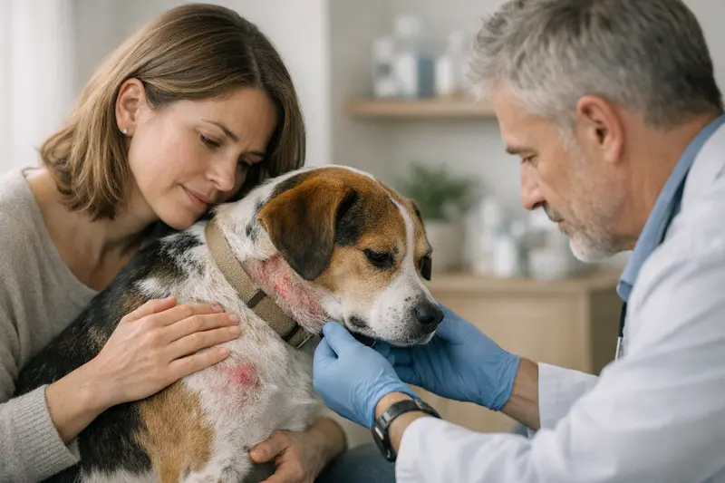 Eine Hundebesitzerin prüft die Gesundheit ihres Hundes auf Allergien in der Tierarztpraxis.
