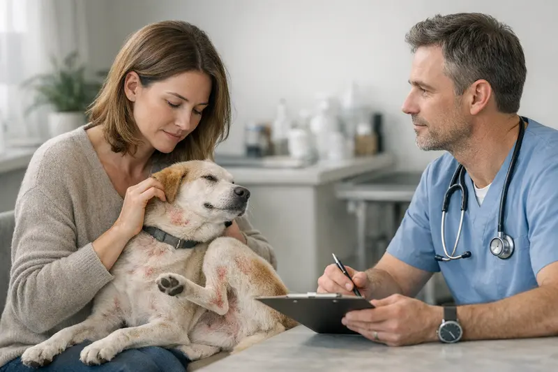 Ein Hund, der beim Tierarzt untersucht wird, um Allergien festzustellen.