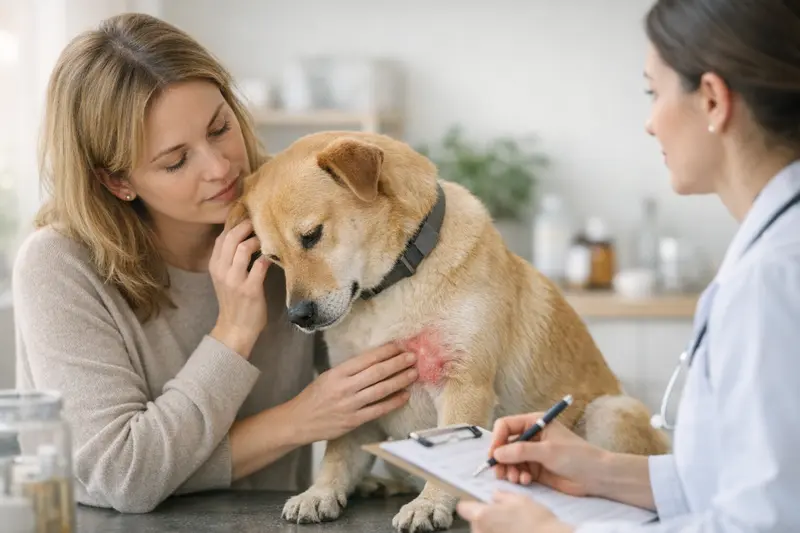 Hund Allergie Symptome Tierarzt Ein Hundebesitzer zeigt besorgt die Allergiesymptome seines Hundes beim Tierarzt.