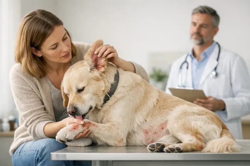 Tierarztuntersuchung auf Allergien beim Hund Ein Hund, der vom Tierarzt auf Allergien untersucht wird.