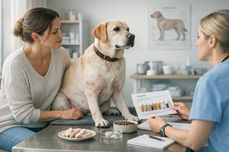 Allergietests beim Tierarzt für Hunde Tierarzt untersucht Hund auf Allergien und Hautprobleme.