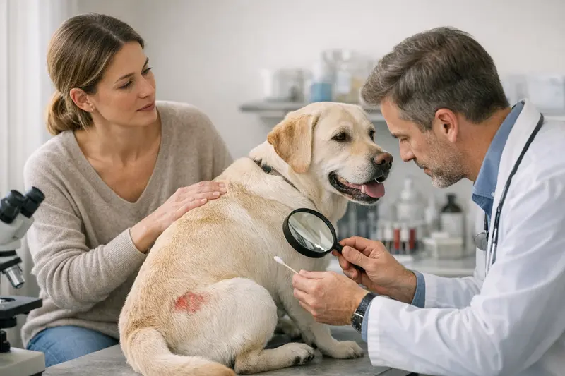Tierarztbesuch bei Hund mit Hautproblemen Tierarzt untersucht Hund mit Hautproblemen auf Diagnosetisch