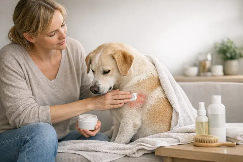 Ein Hund wird von seinem Besitzer mit Pflegeprodukten behandelt, die in einer Hundekrankenversicherung möglicherweise nicht abgedeckt sind.