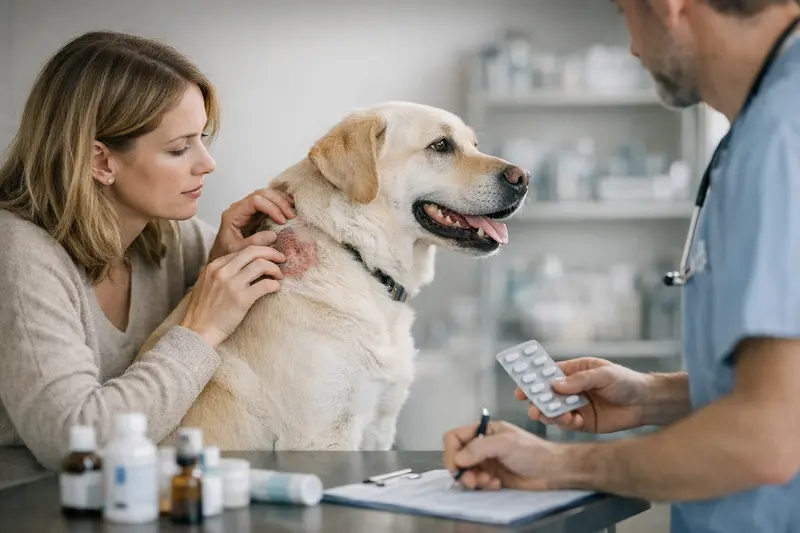 Tierarztbesuch wegen Hautproblemen beim Hund Ein Hund wird von einem Tierarzt wegen wiederkehrender Hautprobleme untersucht.