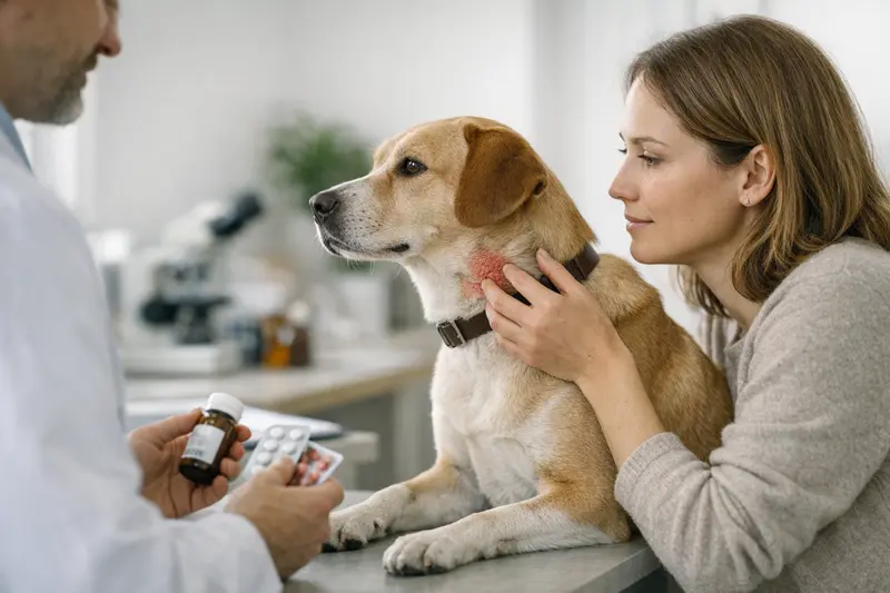 Tierarztgespräch über Hundekrankenversicherung Ein Hundebesitzer bespricht mit einem Tierarzt die Hautprobleme seines Hundes.