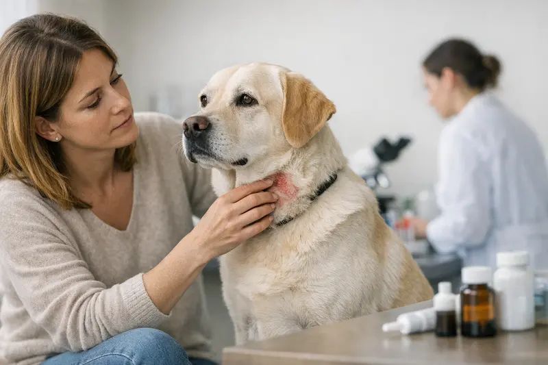 Hautprobleme bei Hunden und ihre Versicherung Ein Hund im Tierarztbüro wird auf Hautprobleme untersucht.