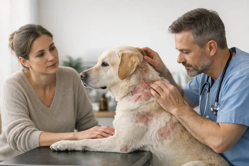 Hund beim Tierarzt mit Hautproblemen zur Untersuchung.