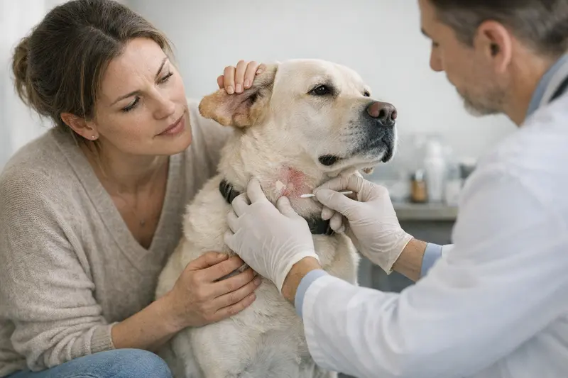 Hund beim Tierarzt zur Untersuchung von Hautproblemen.