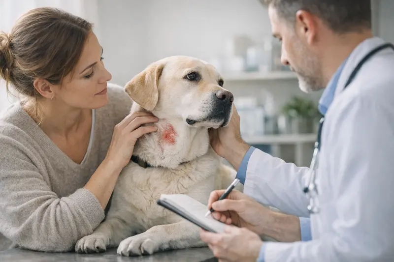 Ein Hund, der zur Untersuchung wegen Hautproblemen beim Tierarzt gebracht wird.