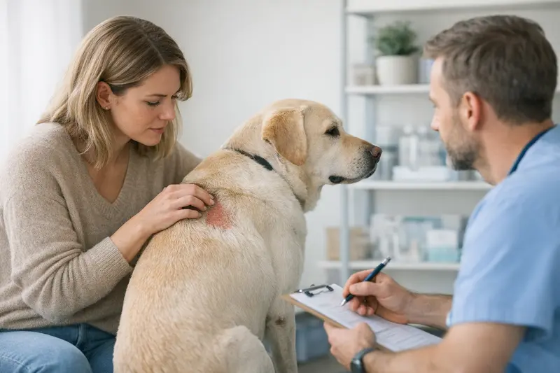 Überprüfung des Versicherungsschutzes für Hunde Hundehalter prüft die Krankenversicherungsunterlagen für seinen Hund bei wiederkehrenden Symptomen.