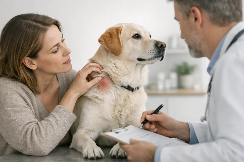 Tierarztbesuch bei Hautproblemen Ein Hund mit Hautproblemen wird von einem Tierarzt untersucht.