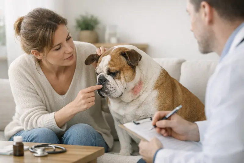Hundekrankenversicherung und Hautprobleme Tierarzt untersucht einen Hund mit Hautproblemen vor der Versicherungsschutzprüfung.