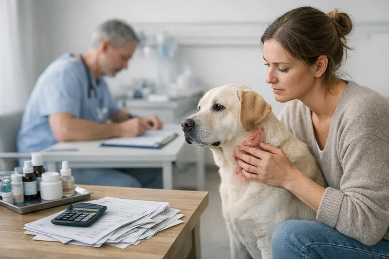 Tierarzt untersucht einen Hund mit Hautproblemen auf mögliche Behandlungskosten.
