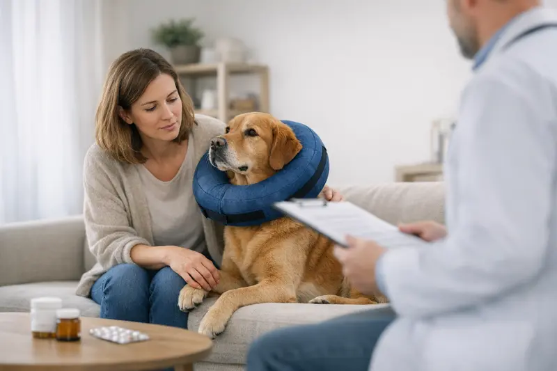 Tierarztuntersuchung bei Hund Hund liegt entspannt beim Tierarzt und wird untersucht
