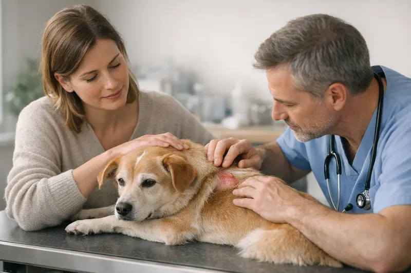 Hund und Tierarzt: Wartezeiten in der Krankenversicherung Ein Hund beim Tierarzt, der aufgrund von Hautproblemen untersucht wird und Wartezeiten in der Krankenversicherung diskutiert werden.